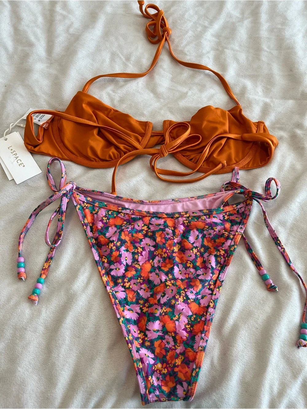 L*Space Bikini Set Toni Top & Levy Bitsy Bottom Large Orange Floral Resortwear